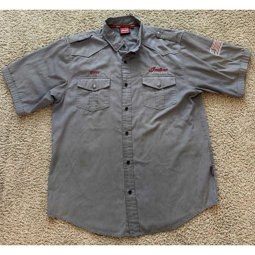 Indian Motorcycle Logo Mechanic Work Shirt Grey Button Front Garage Men's Large